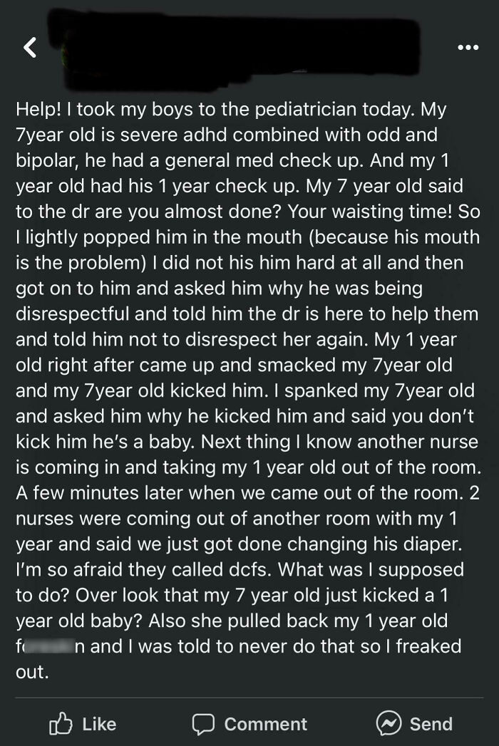 Confusing post in a mom group discussing children's behavior at a pediatrician visit.