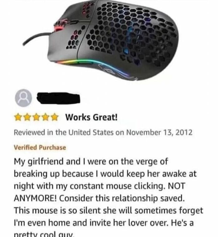 Humor meme featuring a glowing gaming mouse and a funny review about saving a relationship with its quiet clicks.
