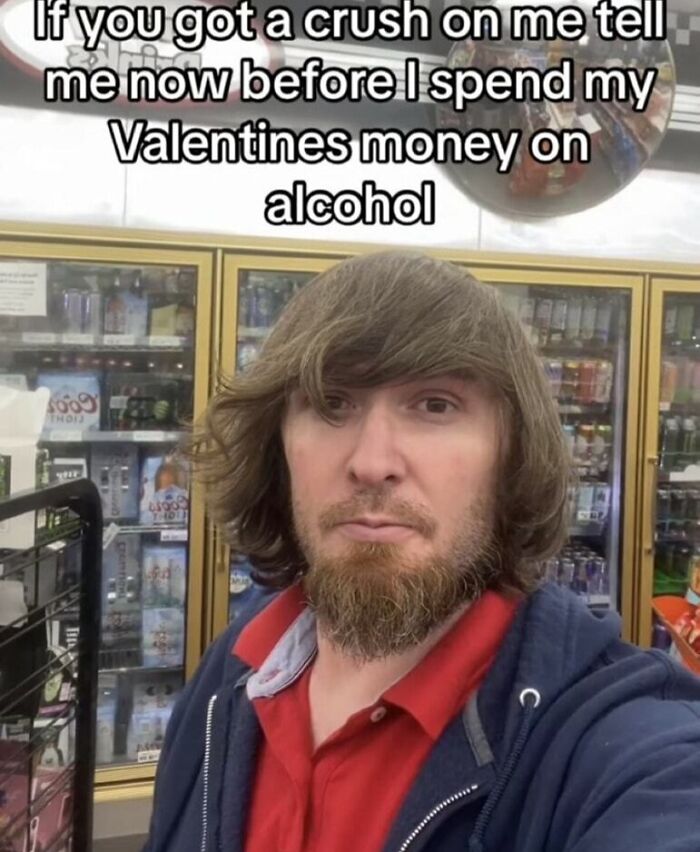 Man in a store with humorous text about spending Valentine's money on alcohol, representing daily humor memes.