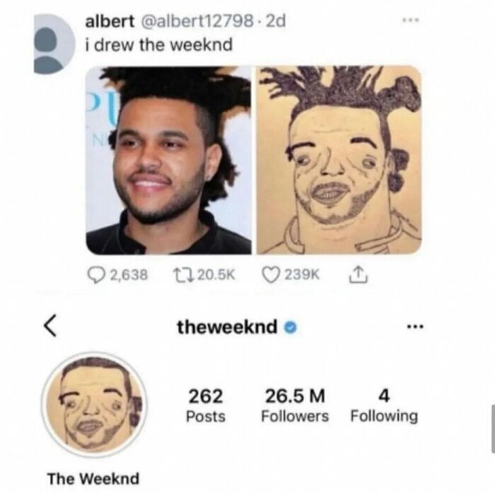 Humor meme showing a celebrity photo and a fan's humorous drawing alongside a social media profile update.