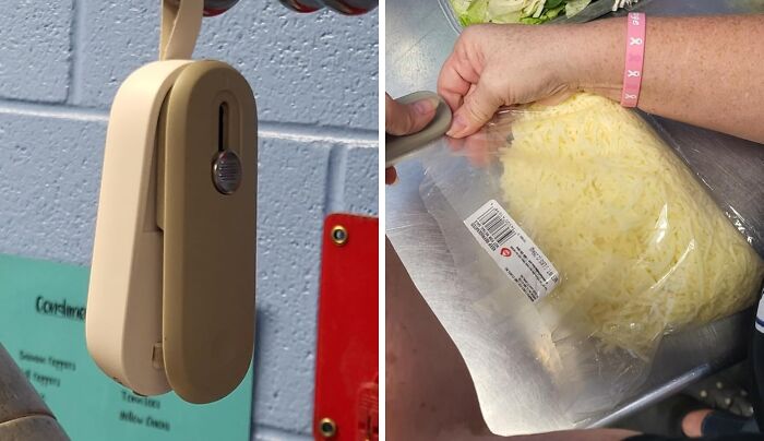 Hand using a bag sealer on a package of shredded cheese, illustrating a Costco shopping tip.