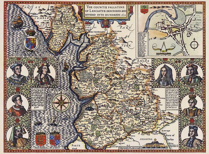Historic map of Lancashire, colorful illustrations and ornate details showcasing past geographical insights.