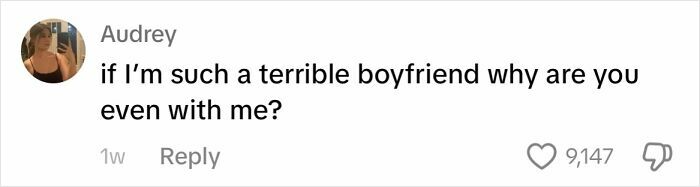 Comment from Audrey questioning relationship amidst boyfriend apology discussion.