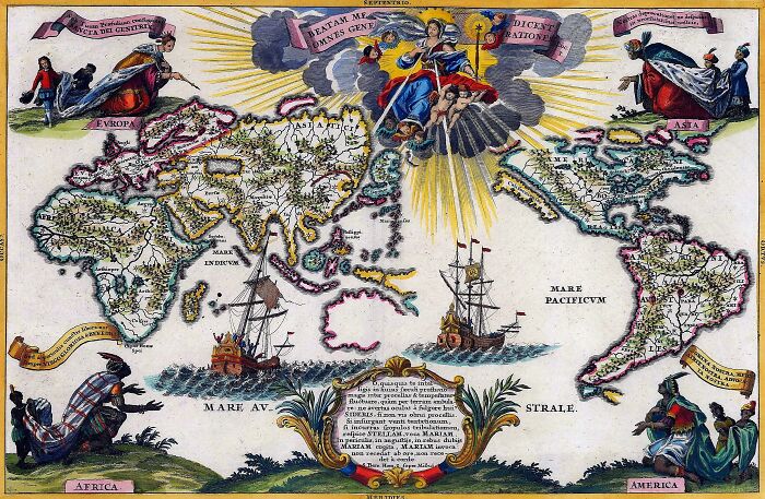 A historical world map with intricate illustrations, showcasing insights into diverse continents and maritime exploration.