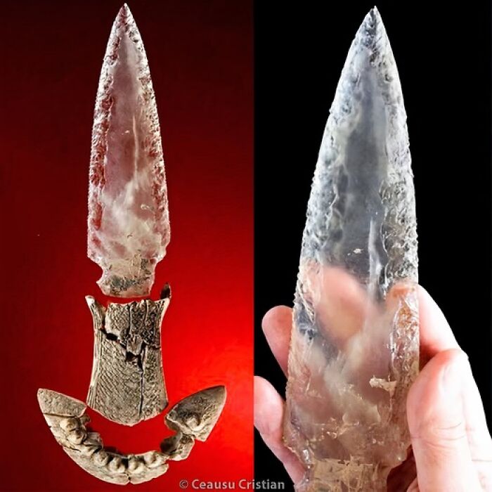 Ancient crystal dagger with ornate handle, highlighting craftsmanship from thousands of years ago.