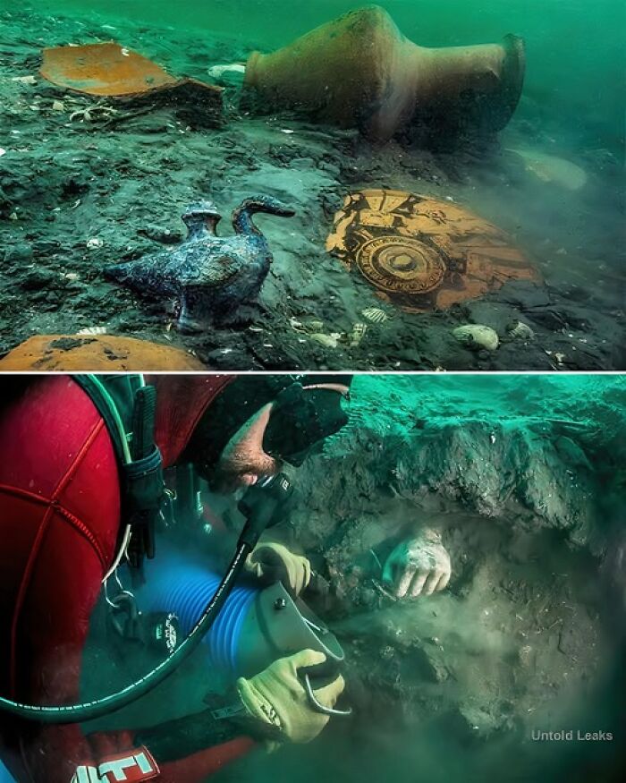 Diver exploring artifacts underwater revealing secrets of ancient civilizations.