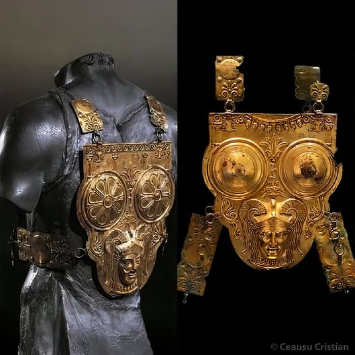 Ancient civilizations' ornate armor with intricate gold detailing displayed on a mannequin and close-up.