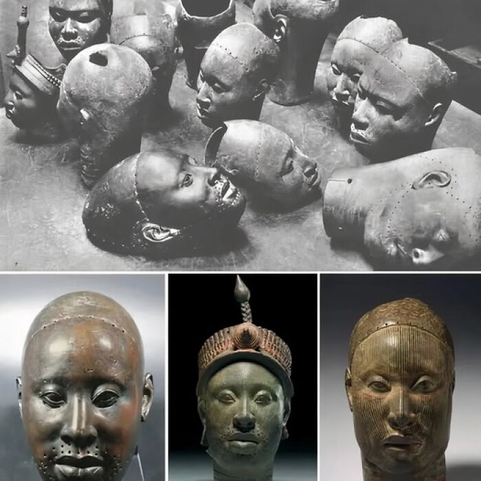 Ancient civilization sculptures showcasing detailed artistic craftsmanship in metal heads and face carvings.