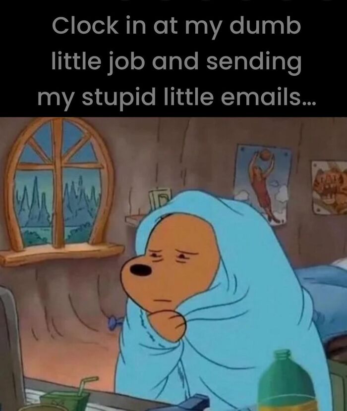 A cartoon bear wrapped in a blanket, looking tired, humorously representing work-related burnout.