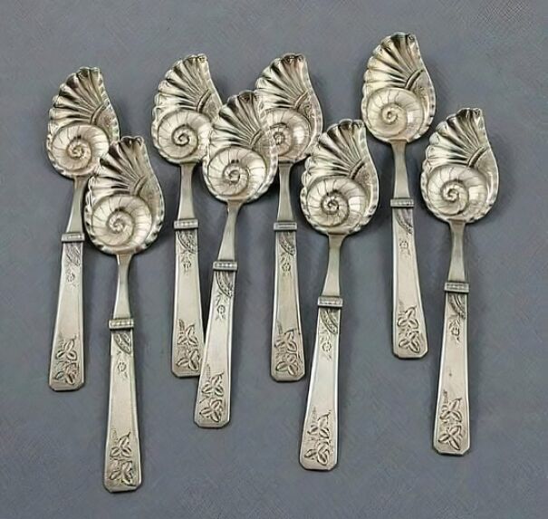 Set of ornate shell-shaped spoons found while thrifting, showcasing unique and intricate design.