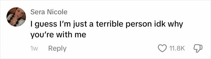 Sera Nicole comment about infuriating apologies, "I guess I'm just a terrible person idk why you're with me," 11.8K likes.