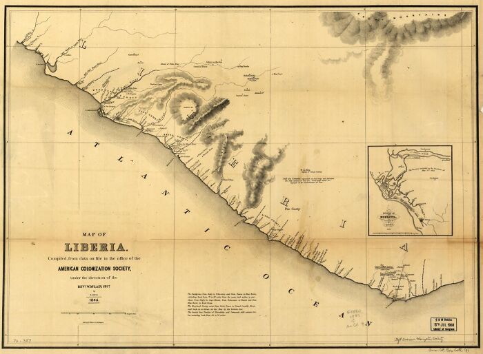 Old map of Liberia, created by the American Colonization Society in 1838, highlighting exploration and navigation routes.