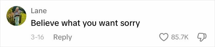 "Facebook comment from Lane saying 'Believe what you want sorry' highlighting frustrating apologies from men."