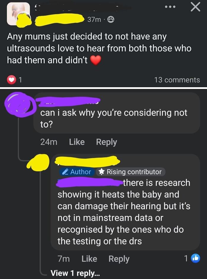 Confusing posts in a mom group about skipping ultrasounds and potential risks, sparking debate and curiosity.