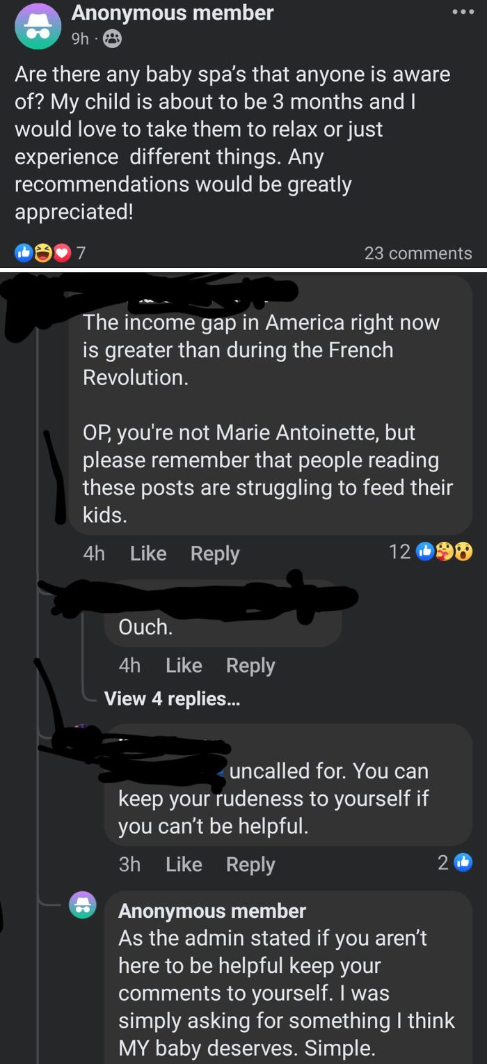 Unhinged mom group post asking for baby spa recommendations, sparking debate on parenting and income inequality.