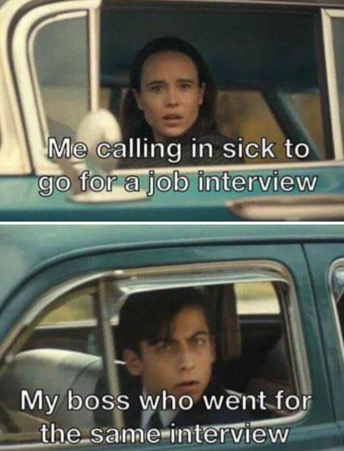 Two surprised people in separate cars with captions creating a funny work meme.