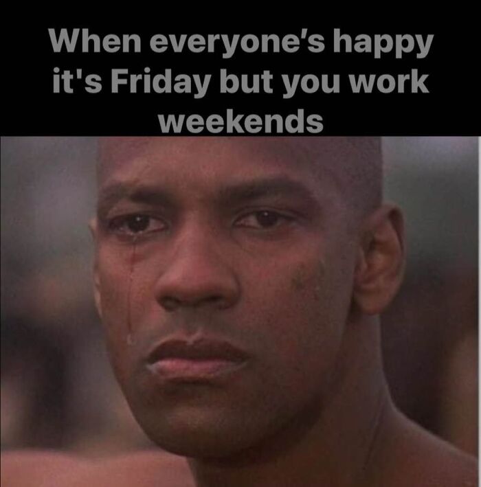 Man with tearful expression, highlighting work memes about weekend shifts, expressing burnout feelings.