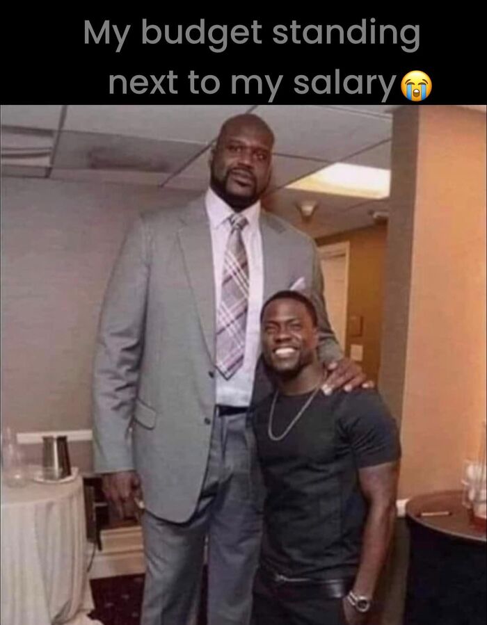 Tall man and short man meme joking about budget and salary contrast, capturing funny work meme humor.