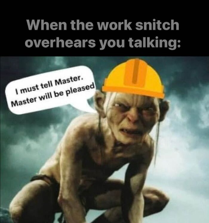 Character wearing hard hat in a funny work meme about office gossip.