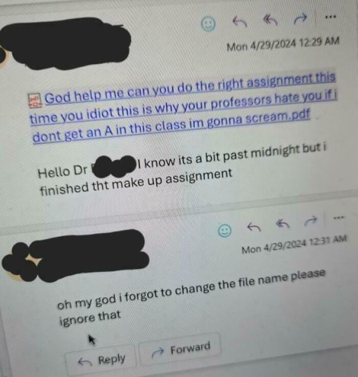 Email exchange showing a student forgetting to change an assignment's embarrassing file name.