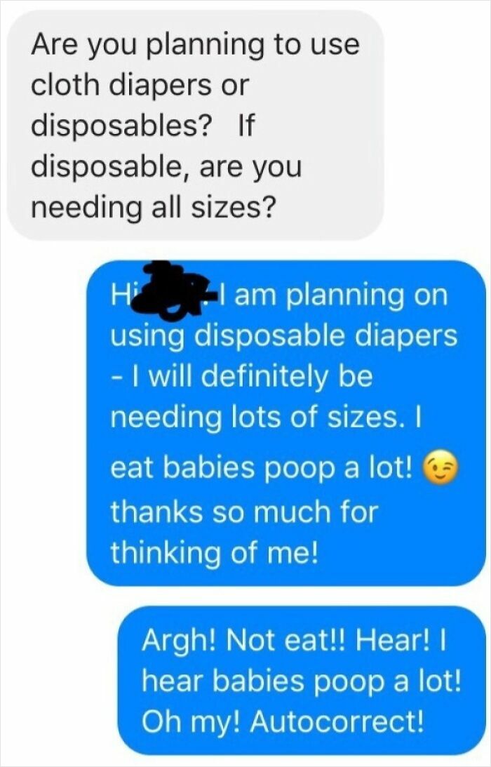 Text exchange with autocorrect error about diapers, humorously changing 'hear' to 'eat' regarding baby diapers.