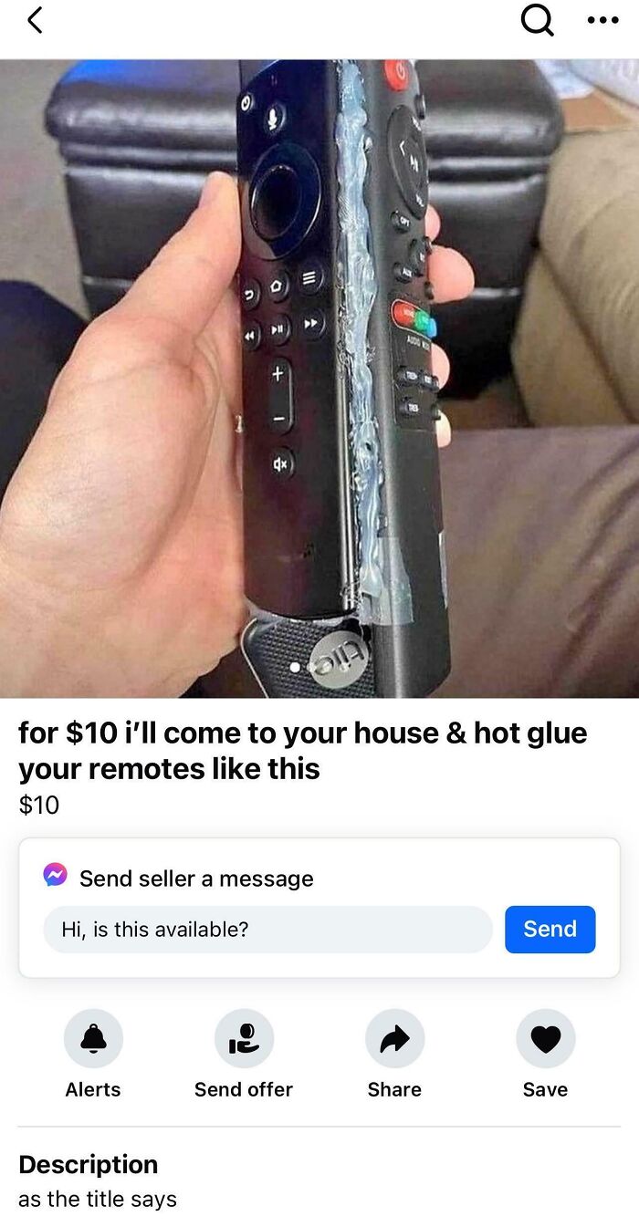 Remote control hot-glued together in a humorous Facebook Marketplace post about selling unusual items.