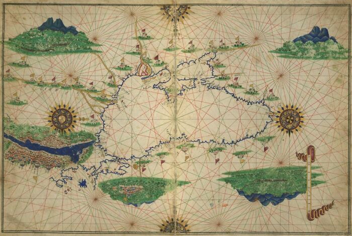 Ancient map illustrating key exploration routes and detailed landscapes.
