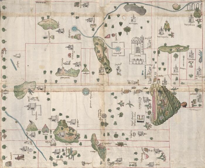 Old map illustrating exploration and navigation routes, featuring landmarks and natural elements.