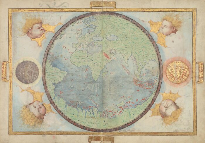 Ancient world map with artistic borders depicting historical geography and celestial figures.