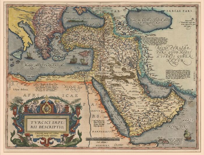 Antique exploration map of the Turkish Empire, showcasing detailed navigation routes and geographical features.