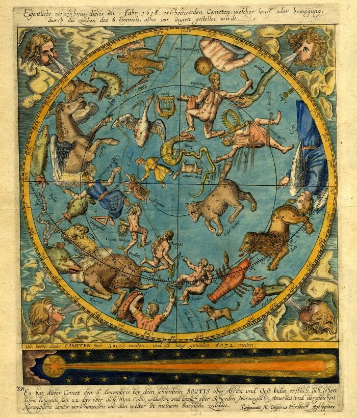 Old map depicting constellations with mythological figures, showcasing ancient exploration and navigation tools.