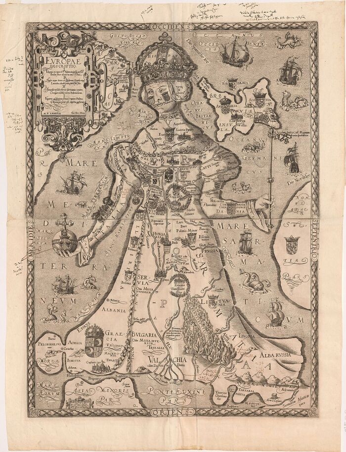 Historic map of Europe shaped like a queen, illustrating fascinating insights into past geography and history.