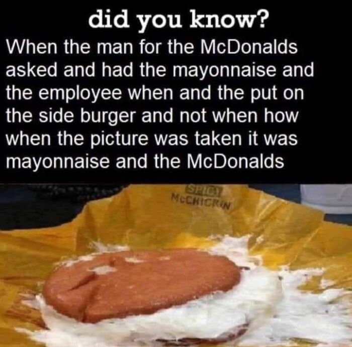 Burger with excessive mayonnaise and humorous text, part of a collection of funny random memes.