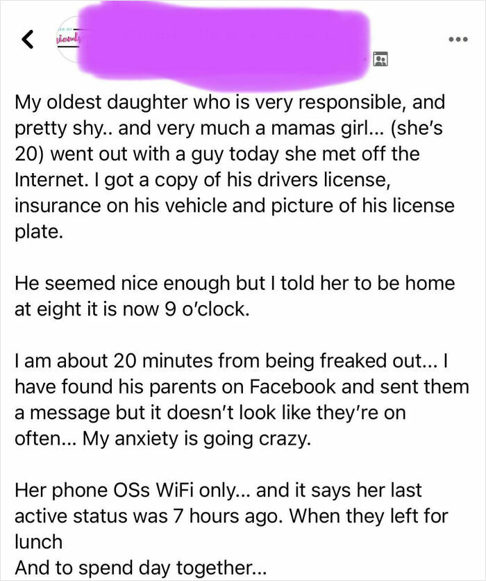 Concerned mom posts in a group about daughter's late return after meeting a guy from the Internet.
