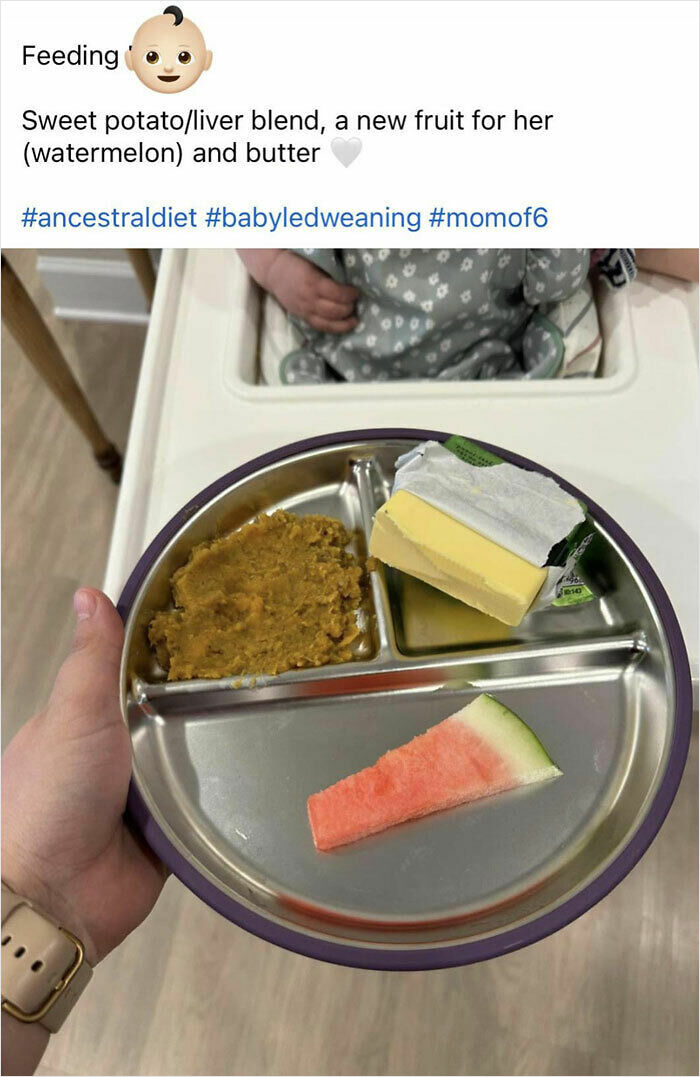 Unusual baby meal with sweet potato, liver blend, watermelon, and butter on a plate, reflecting mom group discussions.