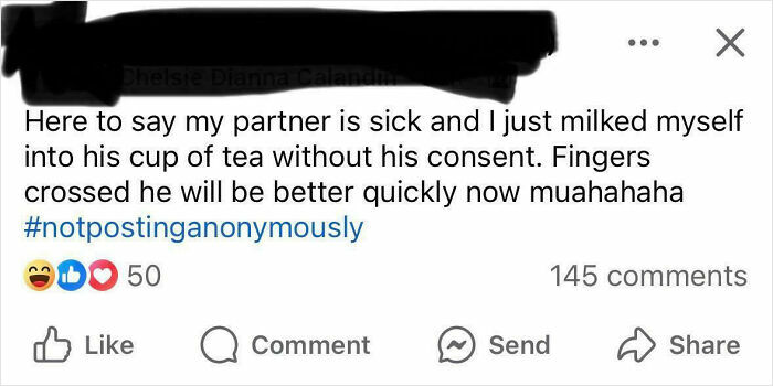 Unhinged post in a mom group about a partner's illness and unconventional tea remedy, with 145 comments and reactions.
