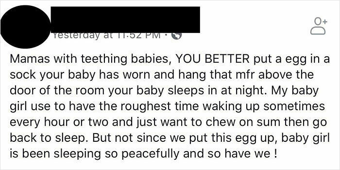 Mom group post about using an egg in a sock as a teething remedy for babies to sleep better.