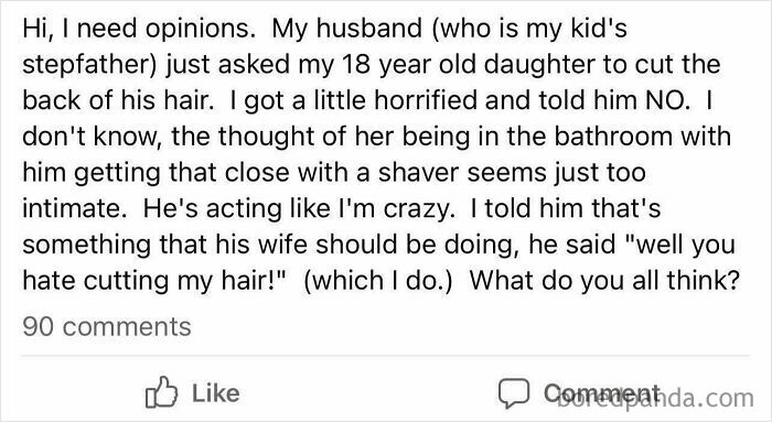Confused mom seeks advice in post about husband asking daughter to cut his hair, causing discomfort and debate.