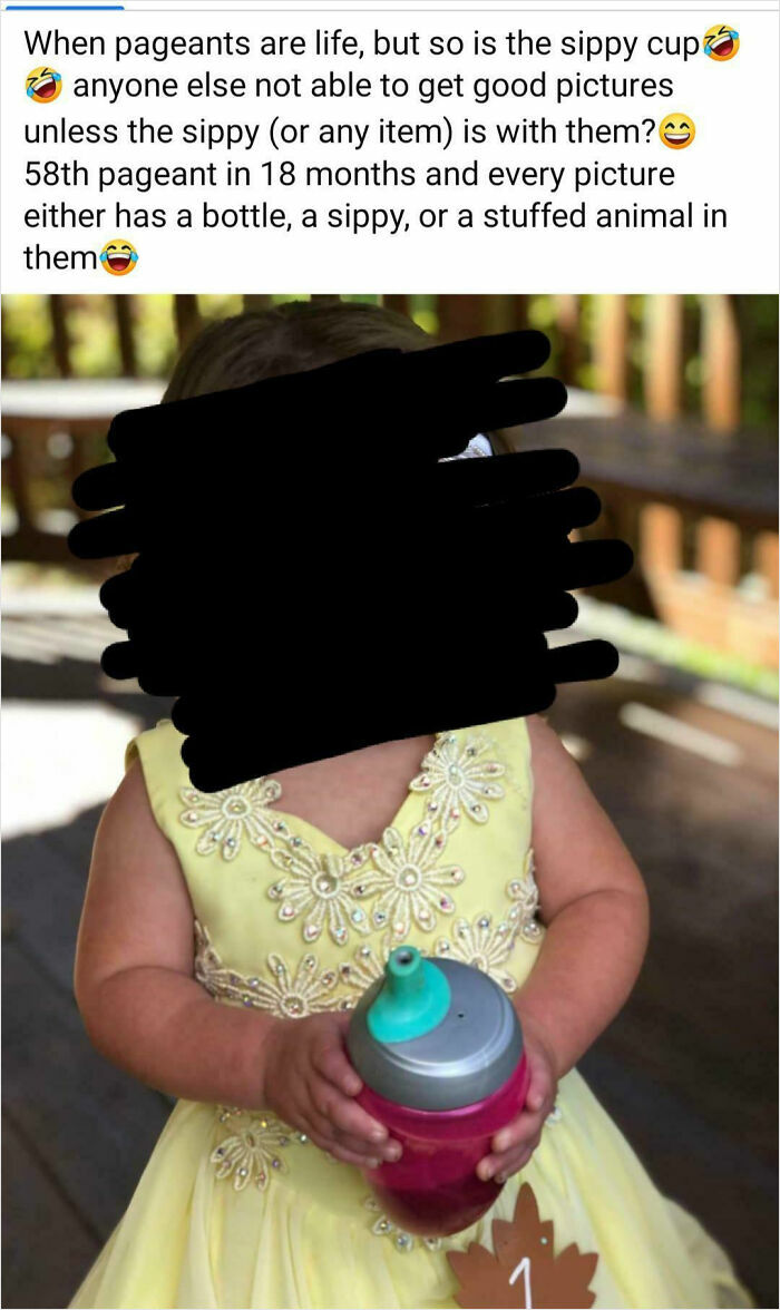 Toddler in a yellow pageant dress holding a sippy cup, illustrating a humorous mom group post.