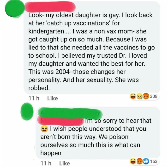 Confusing posts in mom groups discuss vaccines and sexuality, sparking emotional reactions in the comments.
