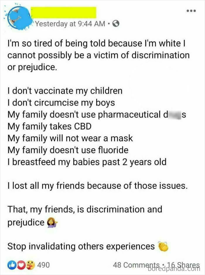 Unhinged post in mom group about discrimination and parenting choices, mentioning vaccines, CBD, masks, and fluoride.