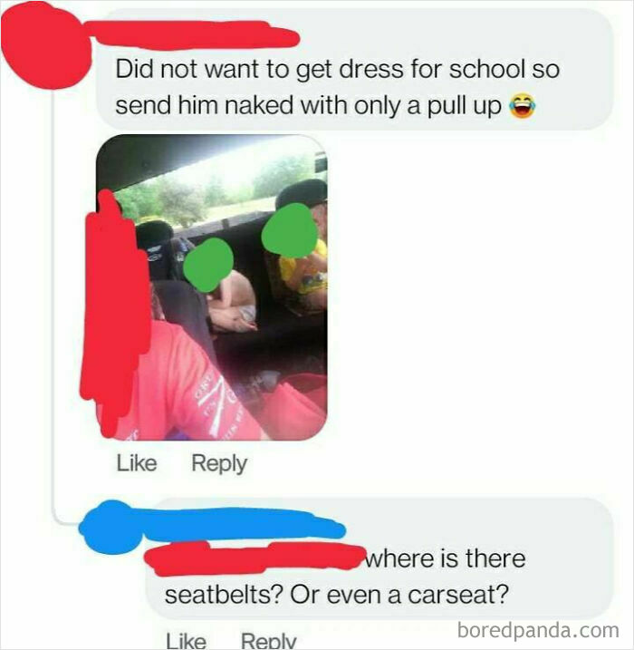 Unhinged mom group post showing a child in a car with no seatbelt, wearing only a pull-up, sparking safety discussion.