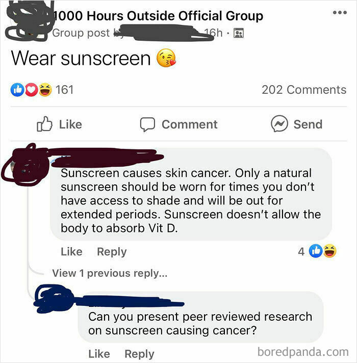 Confusing mom group post about sunscreen causing cancer, with comments questioning the claim and asking for research evidence.