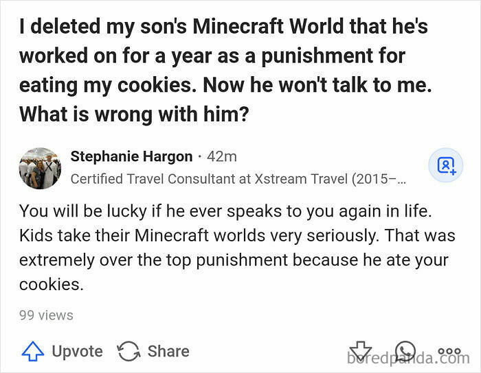 Confused reaction to a mom's post about deleting her son's Minecraft world as punishment for eating cookies.