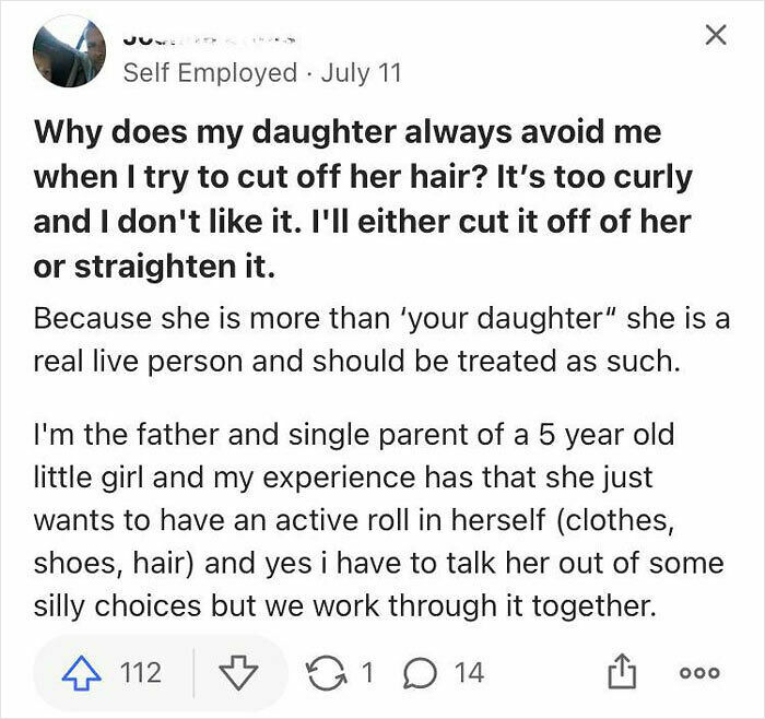 Confused mom group post about daughter's haircut treatment and parenting advice.