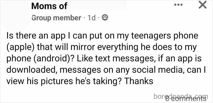 Mom group post asking about apps to monitor a teenager's phone activity across Apple and Android.