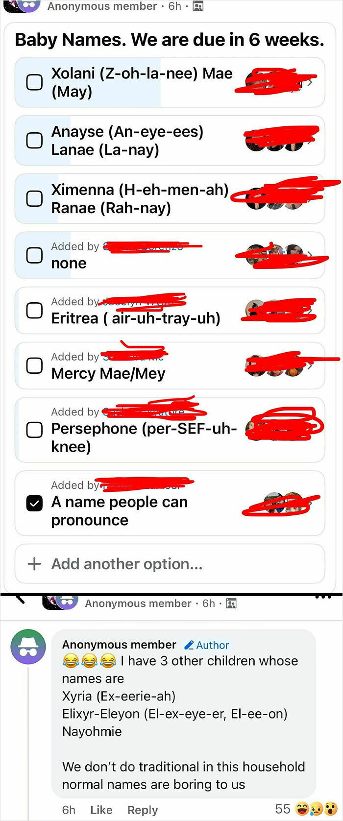Mom group post with unique baby names, including Xylani and Anayse, sparking confusion and discussion online.