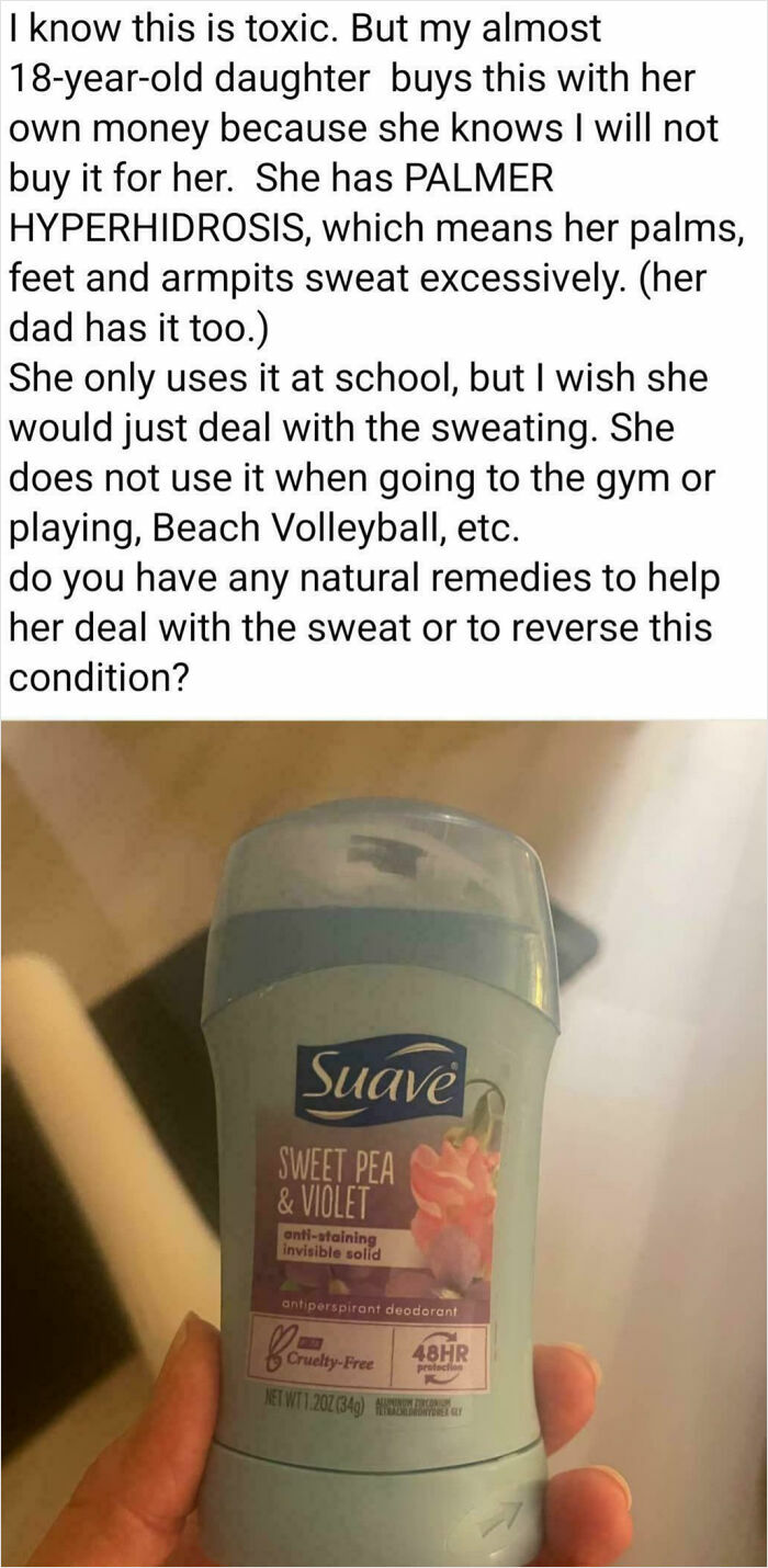 Deodorant discussed in mom groups; confusion over daughter's sweaty palms.