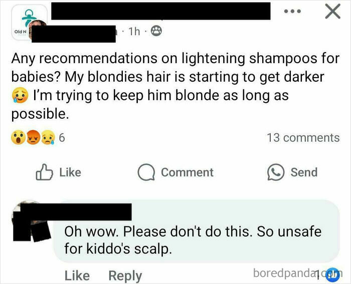 Mom group post about lightening shampoo for babies, user cautions it's unsafe.