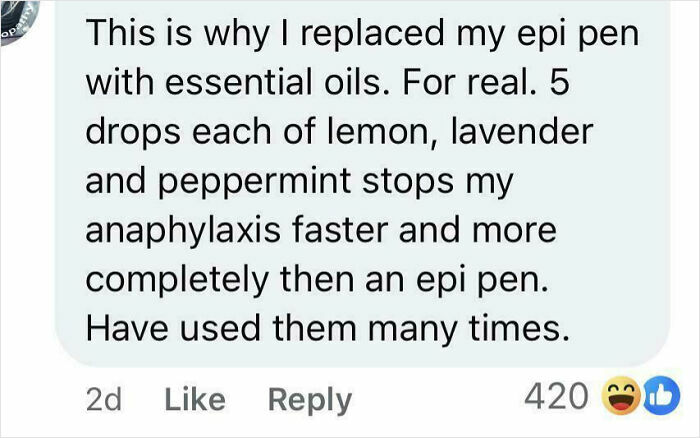 Text from a mom group post claiming essential oils replace an epi pen. 